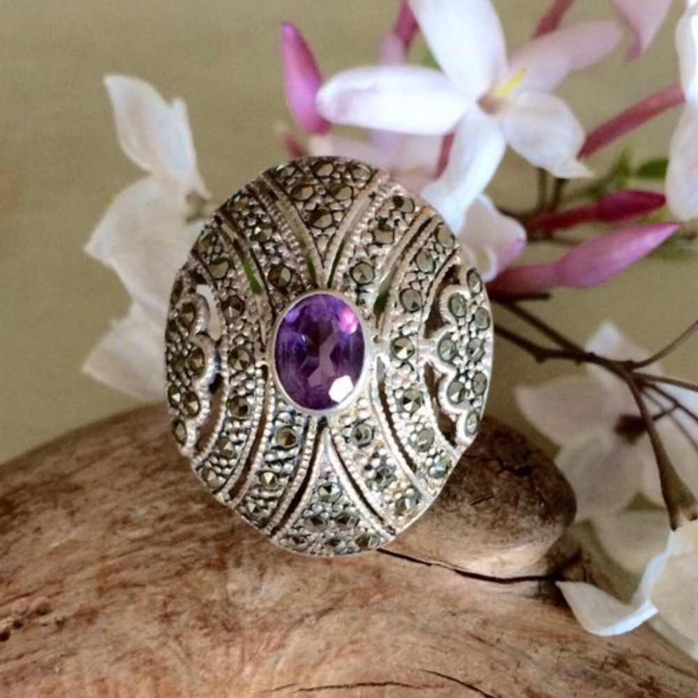 Sterling amethyst marcasite art deco ring size 7.5